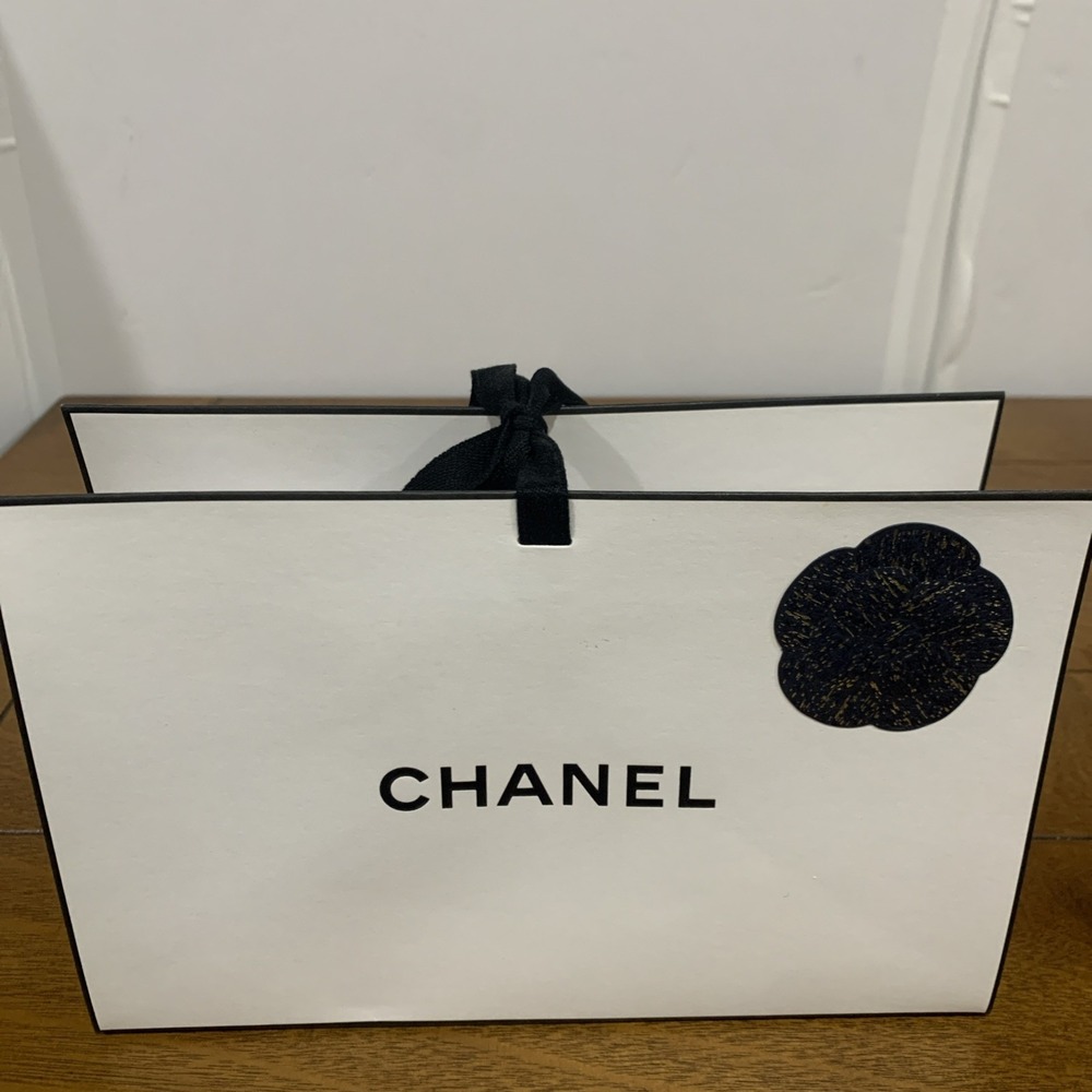 Chanel Small Gift Shopping Bag White Paper with Black Logo 5.5"Hx8.5"Wx3"D